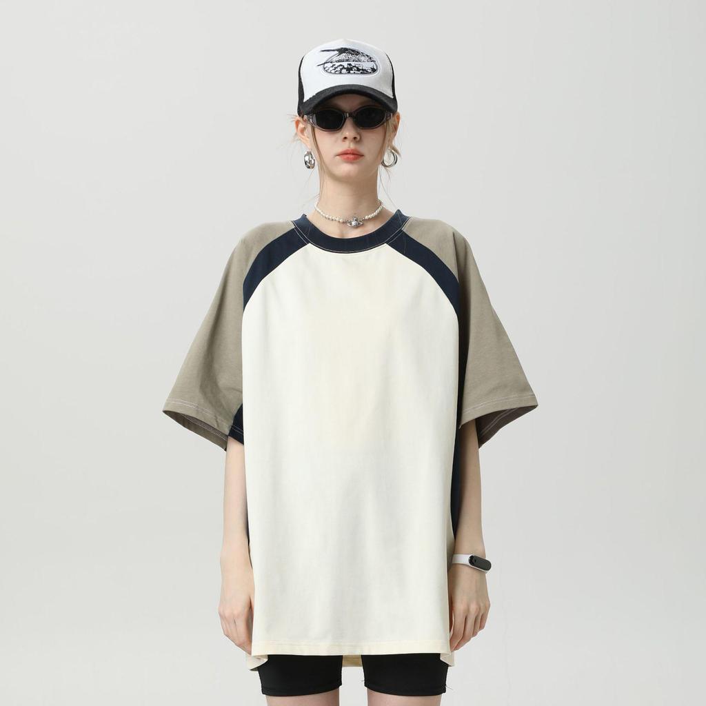 2026 Summer Heavyweight 260G Raglan Colorblock Short Sleeve T-shirt - Trendy Hong Kong Style for Men and Women, Casual Versatile Half Sleeve
