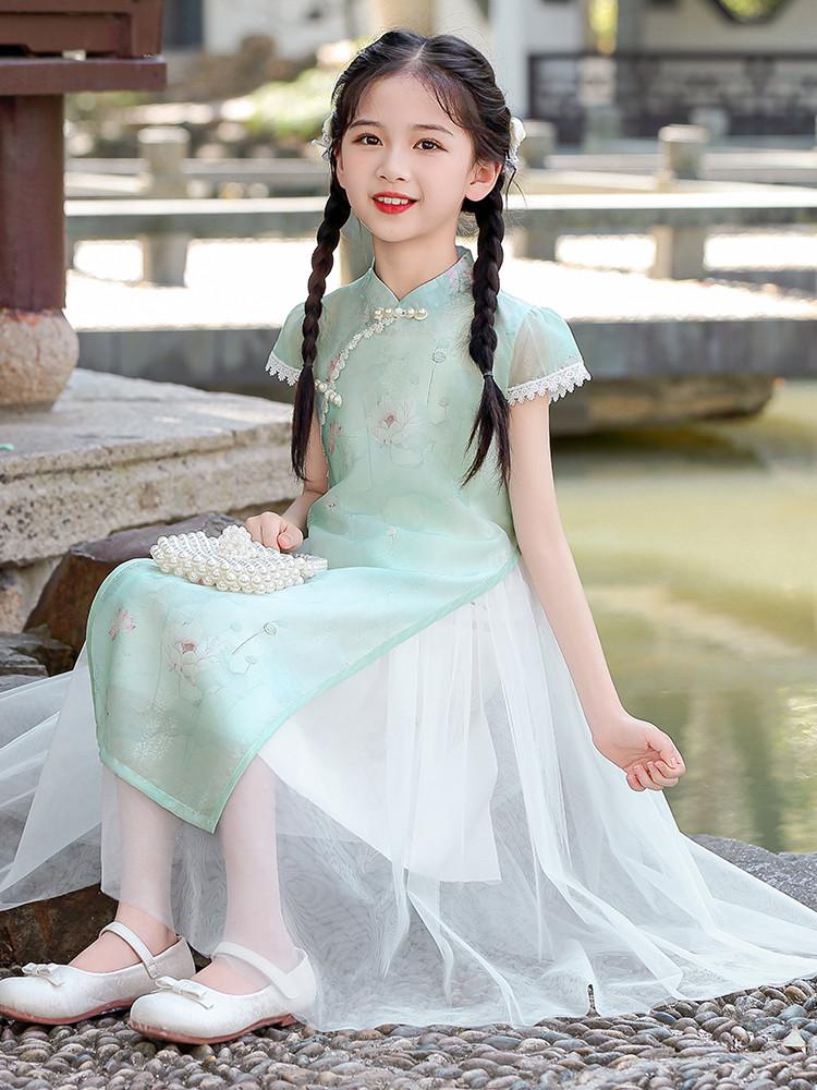 Girls' Cheongsam Dress 26 Summer New Style Chinese Style Dress New Chinese Mesh Splicing Cheongsam Dress