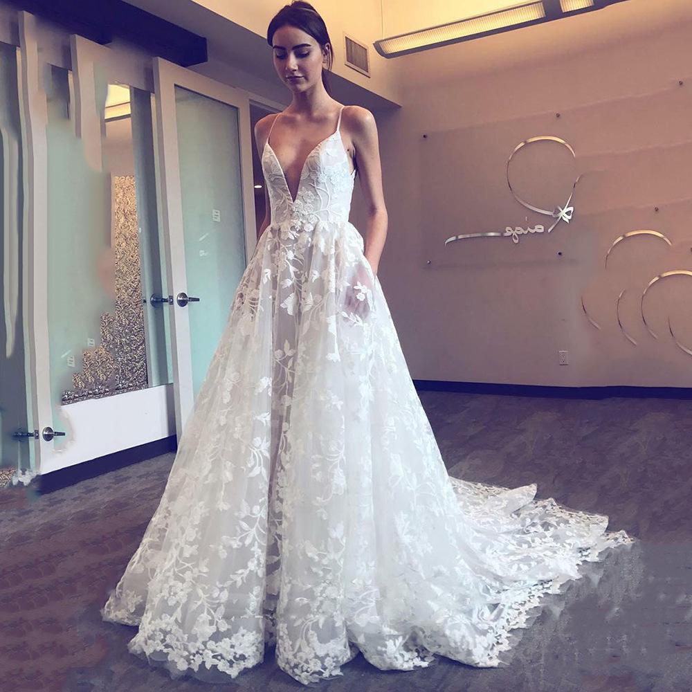 

2025 European & American White Long V-Neck Lace Dress with Hollow Design XL