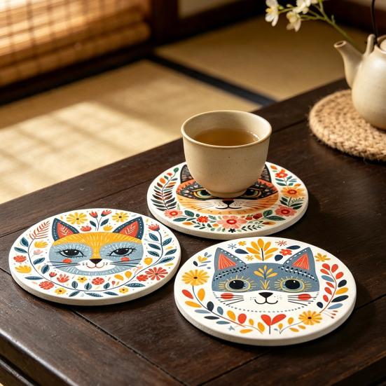 Solid Wood Cup Holders for Workstation 6 Pcs Cute Cat Coasters, Thick Heat-Resistant Coaster Tabletop Protection, Non-slip Mats Non Slip Drink