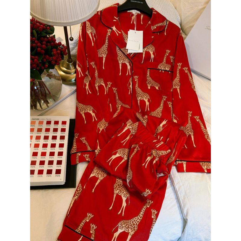 

London Light Luxury ~ Silk Satin Pajamas Women s Suit Long sleeve Trousers Illustration Giraffe Print Fashion Homewear Big Red L
