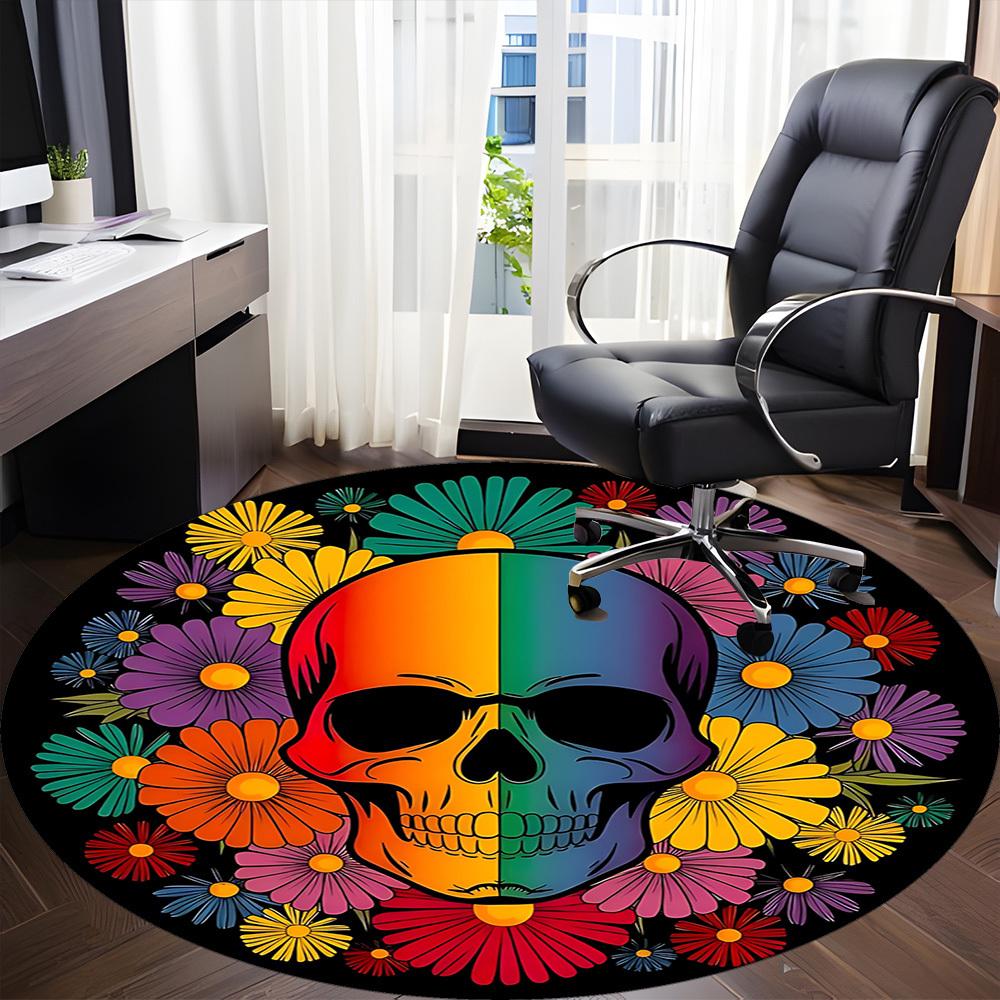 1pc Skull Flowers Chair Carpet for Office, Round Non Slip Durable Large Size Office Carpet, Suitable for Office