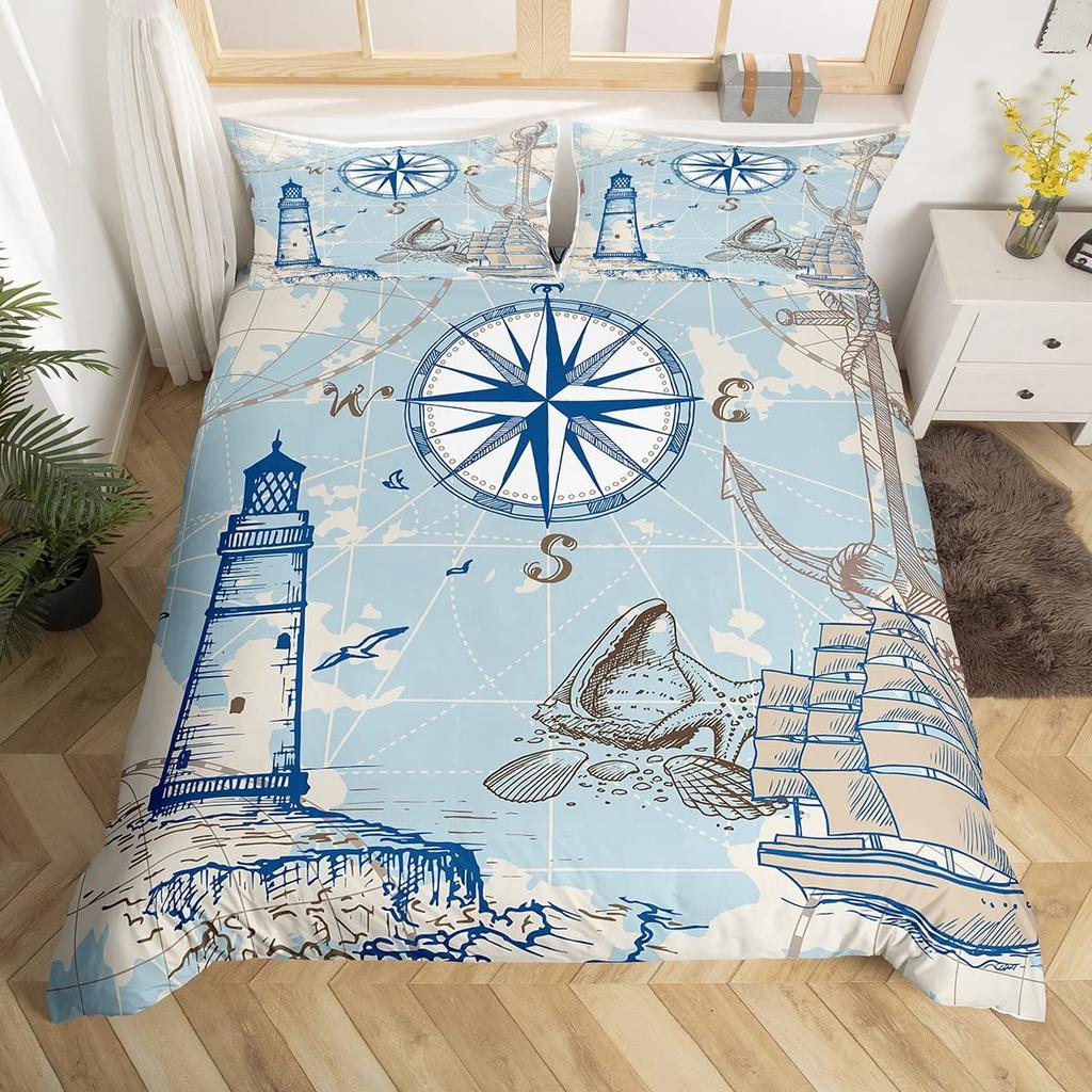 Nautical Duvet Cover Set Boat Pirate Bedding Set King Size Retro Sailboat Brown Comforter Cover Anchor Compass Vintage Quilt Set