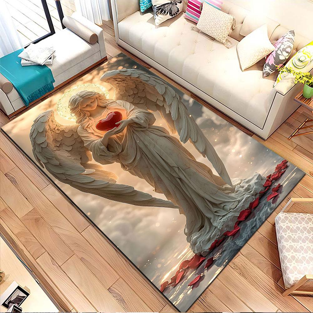 Angel Holding Heart Statue Design Patterned carpet, non slip mat suitable for living room and bedroom sofas