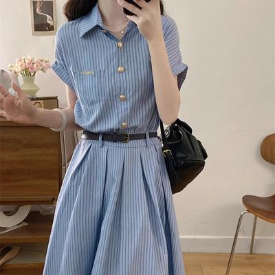 New High-end Blue Striped Shirt Dress Children's Summer Temperament Waist Polo Dress