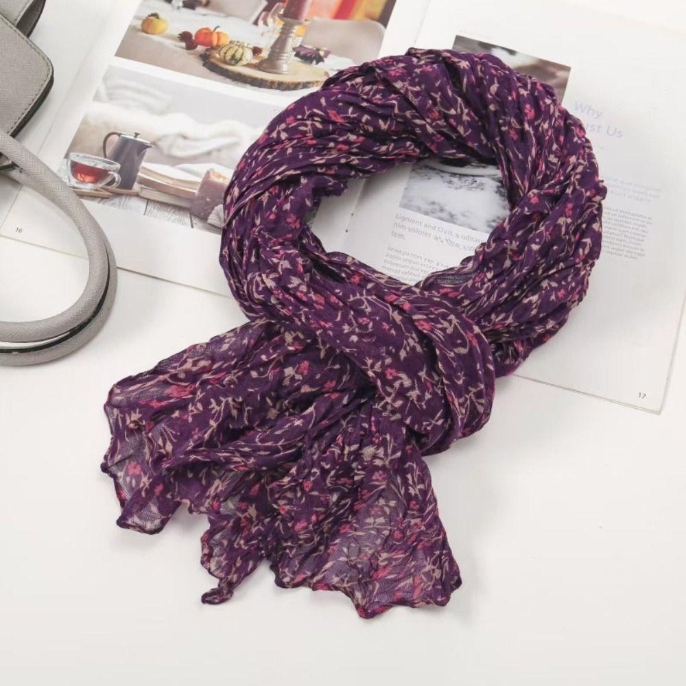 Floral Cotton Linen Scarf Vintage Long Shawl Wrap Fashion Pleated Printed Scarf  For Autumn Winter