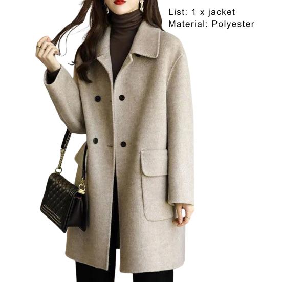 Damen-Mantel, einfarbig, mittellanger Reverskragen mit Knöpfen, locker sitzend, warm, Polyester, Winter, warm, Damen-Zweireiher-Mantel für Damen