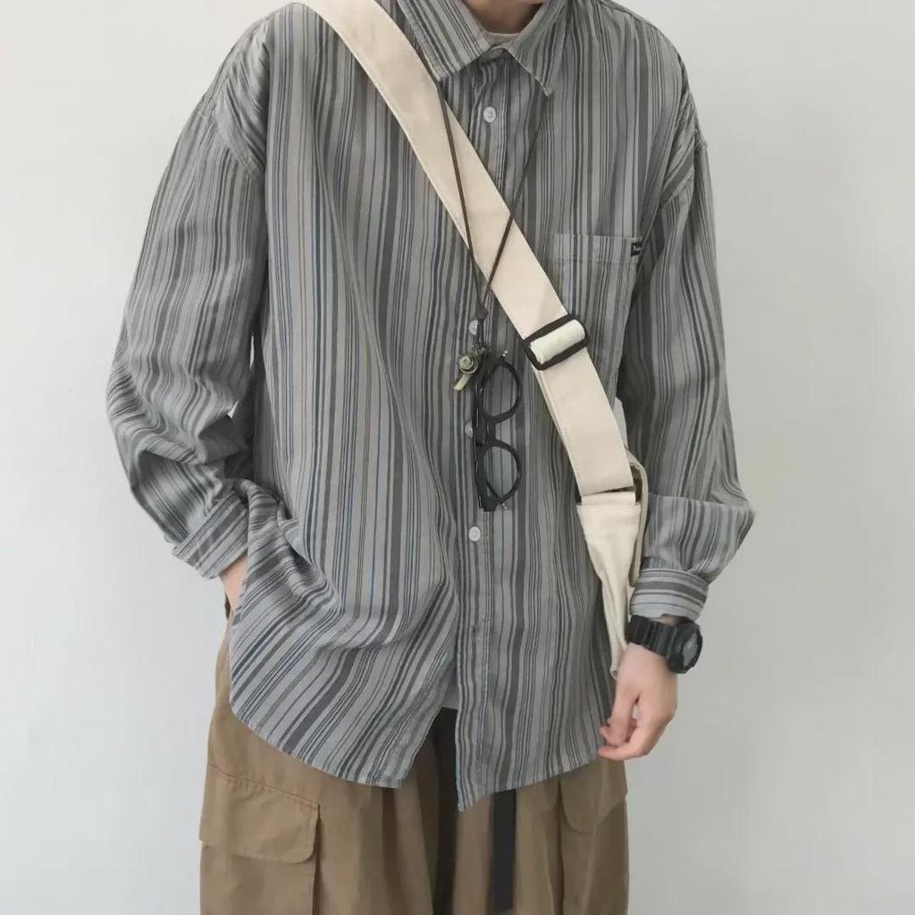 Herr Japansk Retro Randig Långärmad Skjorta - Vår/Höst, Lös Passform, Unisex Trendig Stil.