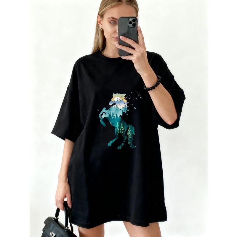 Oversized T Shirt Black Mountain Landscape Print For Casual Wear