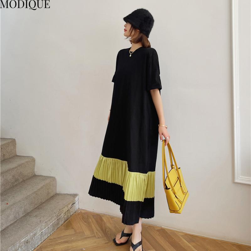 MODIQUE Sommer Plus Size Neue Damen Lose Minimalistische Streifen Plissee Patchwork Lange Kleider Weibliche Casual Kurzarm O-Ausschnitt Kleider