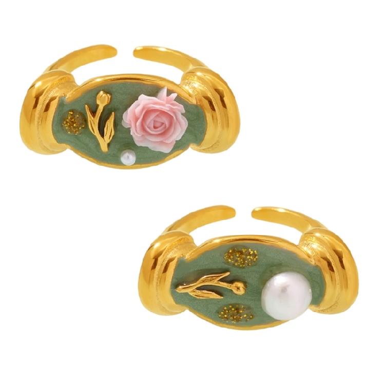 Gioiello Artistico Fiore di Rosa Anello in Acciaio Inossidabile Smaltato con Accenti di Perle Fascia Regolabile Anello Aperto Gioielli Floreali