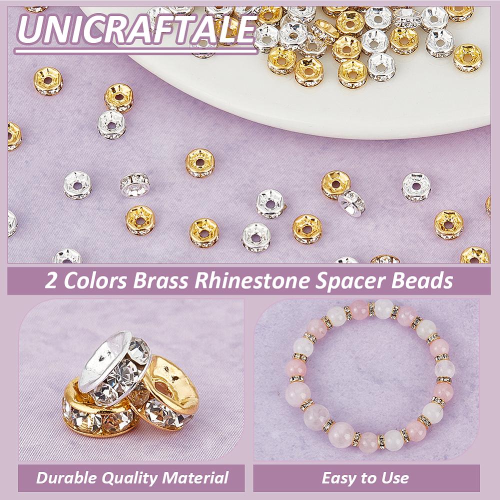 200Pcs 2 Colors Brass Rhinestone Spacer Beads, Grade A, Straight Flange, Flat Round, Golden & Silver, 6x3mm, Hole: 1mm, 100Pcs/color
