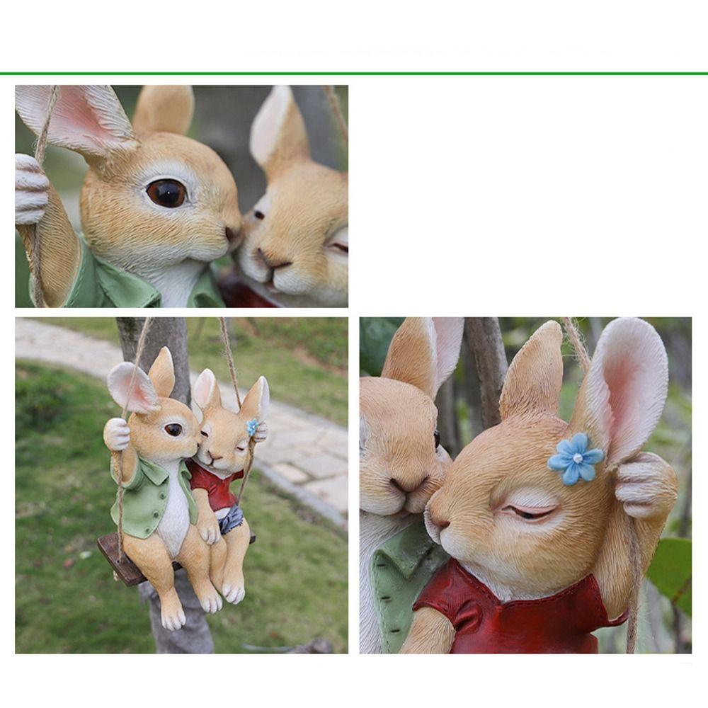 Garden Decor Resin Swing Couple Rabbit Ornament Cartoon Cute Animal Sculpture Hanging Creative Bunny Statue Pendant Courtyard