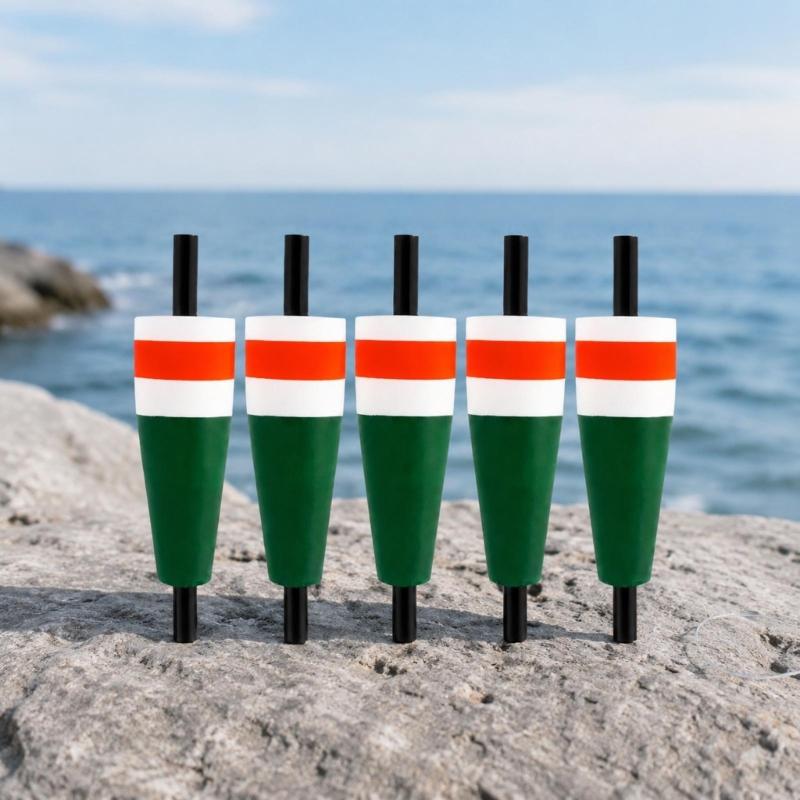 Fishing Bobbers for Nearshore Rock Angling and Coastal Casting, 5-Piece Molded Set with Tapered Shapes and Central Shafts