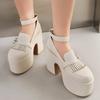 FOREADA Women Pu Leather Pumps Super High Hoof Heels Round Toe Ankle Strap Buckle Party Punk Style Spring Autumn Shoes White