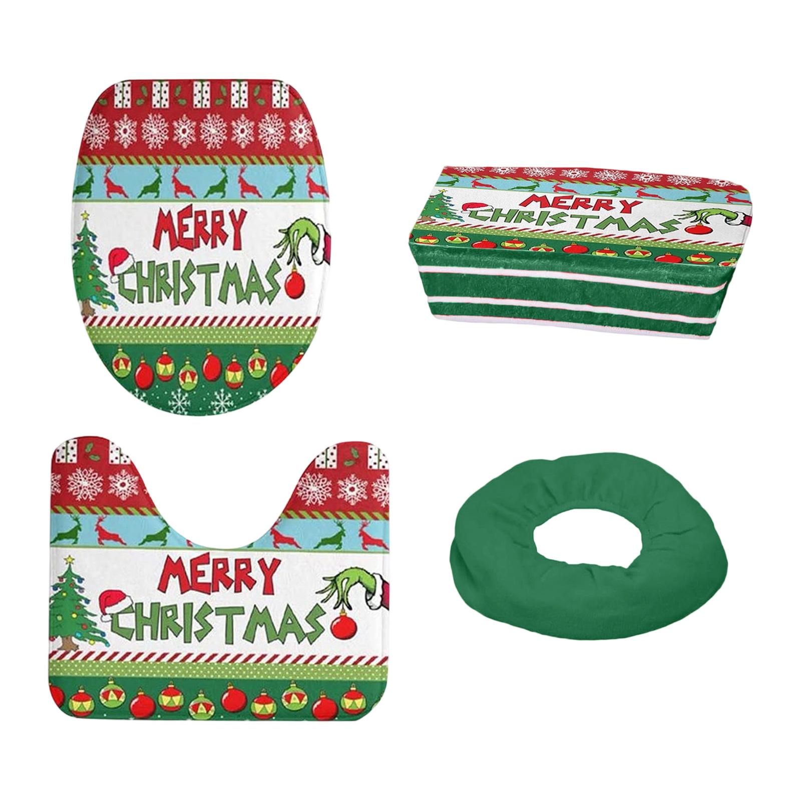 

4Pcs Christmas Bathroom Pedestal Rug Lid Toilet Cover Bath Mat Shower Bathroom Non-Slip Pedestal Rug One Size