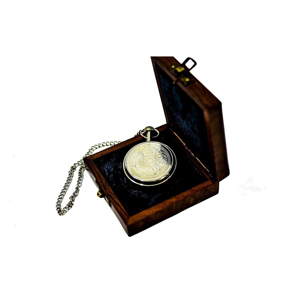 Vintage Brass Pocket Watch 2" with Wooden Box | Nickel Finish