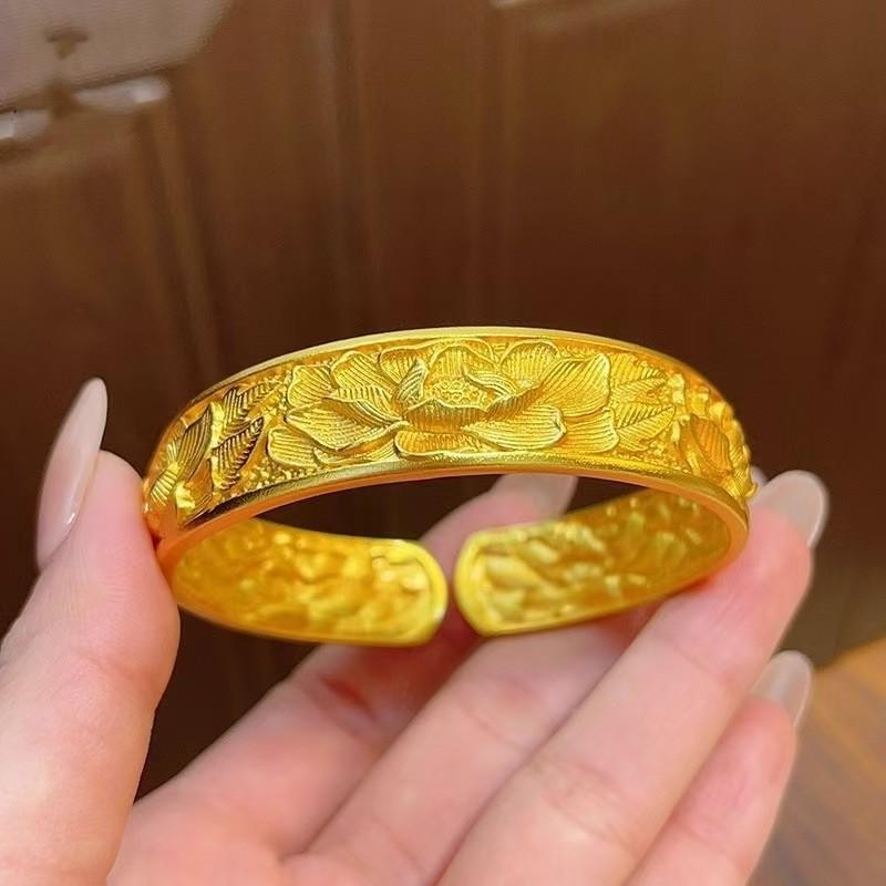 Chiseled Lucky Word Bracelet for Women, High-end Eight Treasures Lotus Open Bracelet Accessories One Size(16-22CM)
