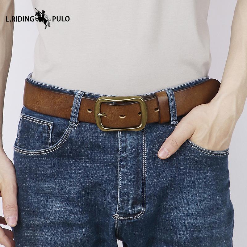 Retro Versatile Pleated Copper Buckle Belt Men's Genuine Leather Trend Pin Buckle Pure Leather Pants Belt