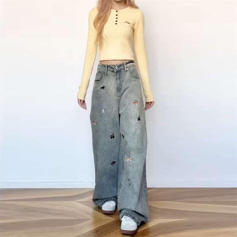 

Women s Retro Blue Puppy Embroidered Wide-Leg Jeans - High Waist, Slimming, Loose Fit, Floor-Length for Fall/Winter 2026 Extra Small светло-синий