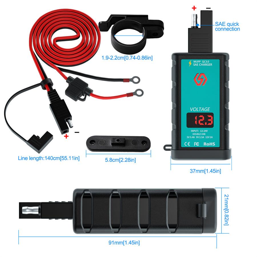 Motorcycle USB + Type-C Charger QC3.0 Fast Charger with Voltmeter Power Switch