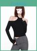 Minimalist Solid Color One Shoulder Crop Top With Spliced Long Sleeves For Casual Wear