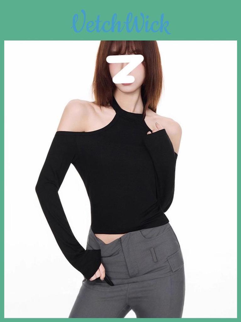 Minimalist Solid Color One Shoulder Crop Top With Spliced Long Sleeves For Casual Wear