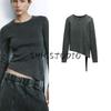 Spring New Arrival Women's Hem Asymmetric Design Round Neck Long Sleeves with Belt Rib T-shirt 0085309