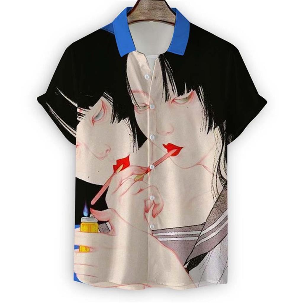 Men's Shirt Art Oil Painting Print Men's Lapel Top Hawaiian Casual Comfortable Large Size Loose Men's Short Sleeve Shirt