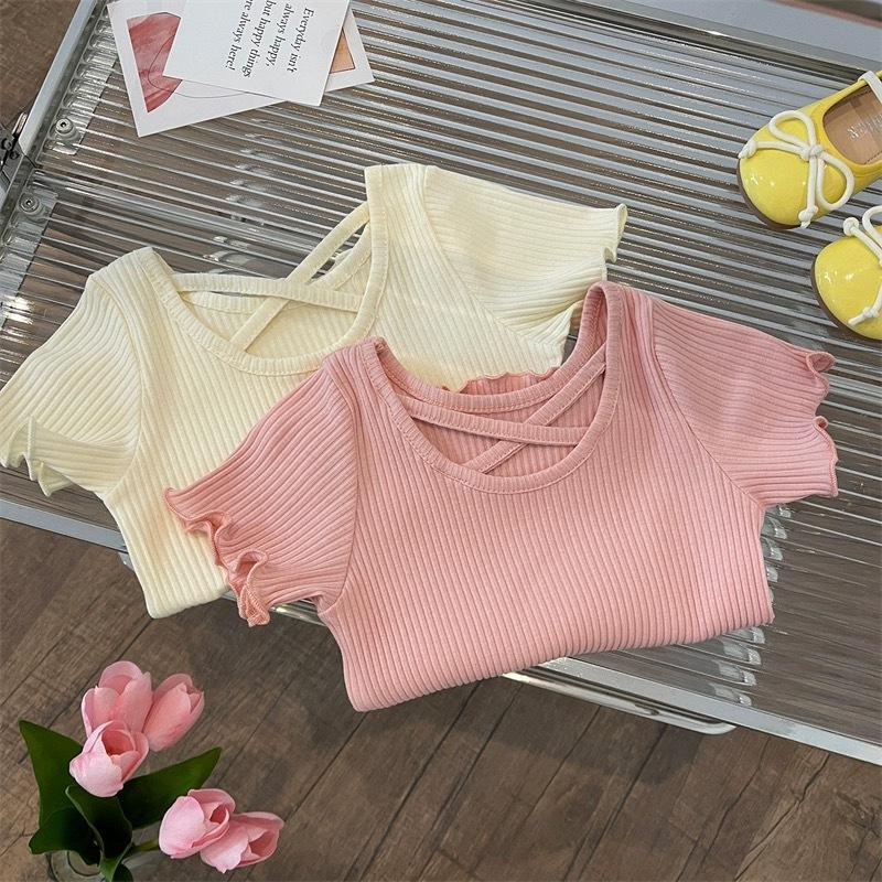 Girls Fashion Back Cross Short Sleeve T-shirt Summer Kids Solid Color Casual Top