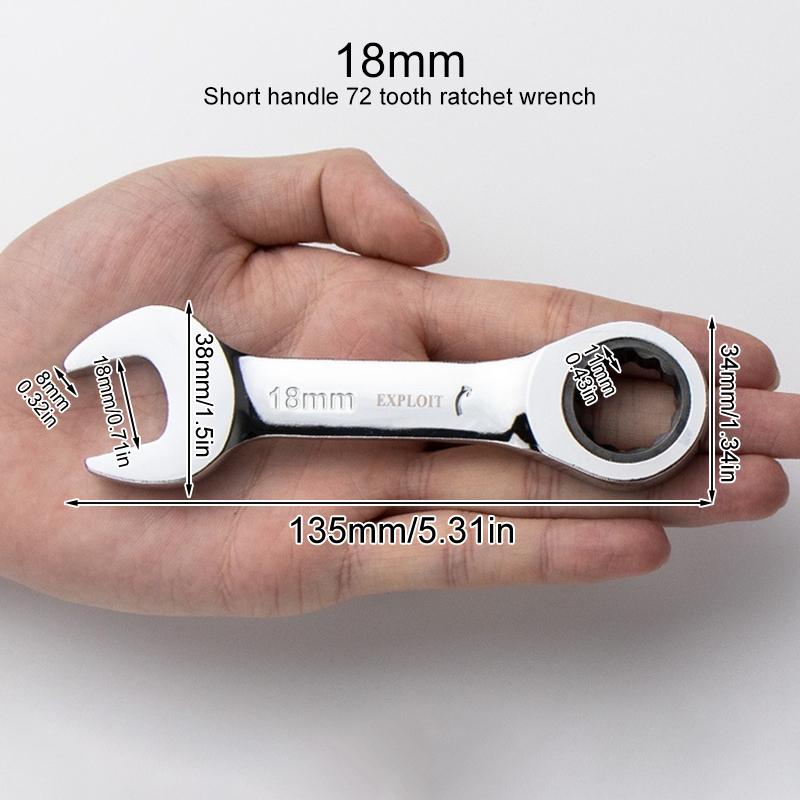 1Pc Metric Open End Wrench with Tight Spaces Gear Repair Hand Tools Steel Stubby Ratcheting Wrench Spanners 72-Tooth Car Repair