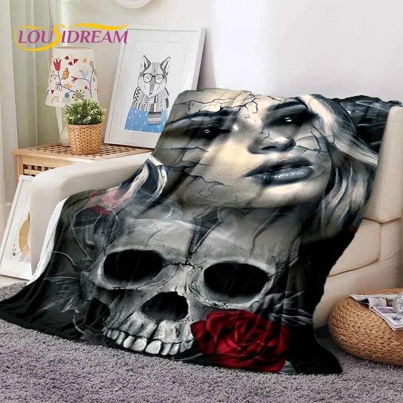 Skull Dead Girl 3D Gothic Horror Female Rose Soft Flannel Blanket,Throw Blanket Comfortable Blanket for Picnic Beds Home Bedroom