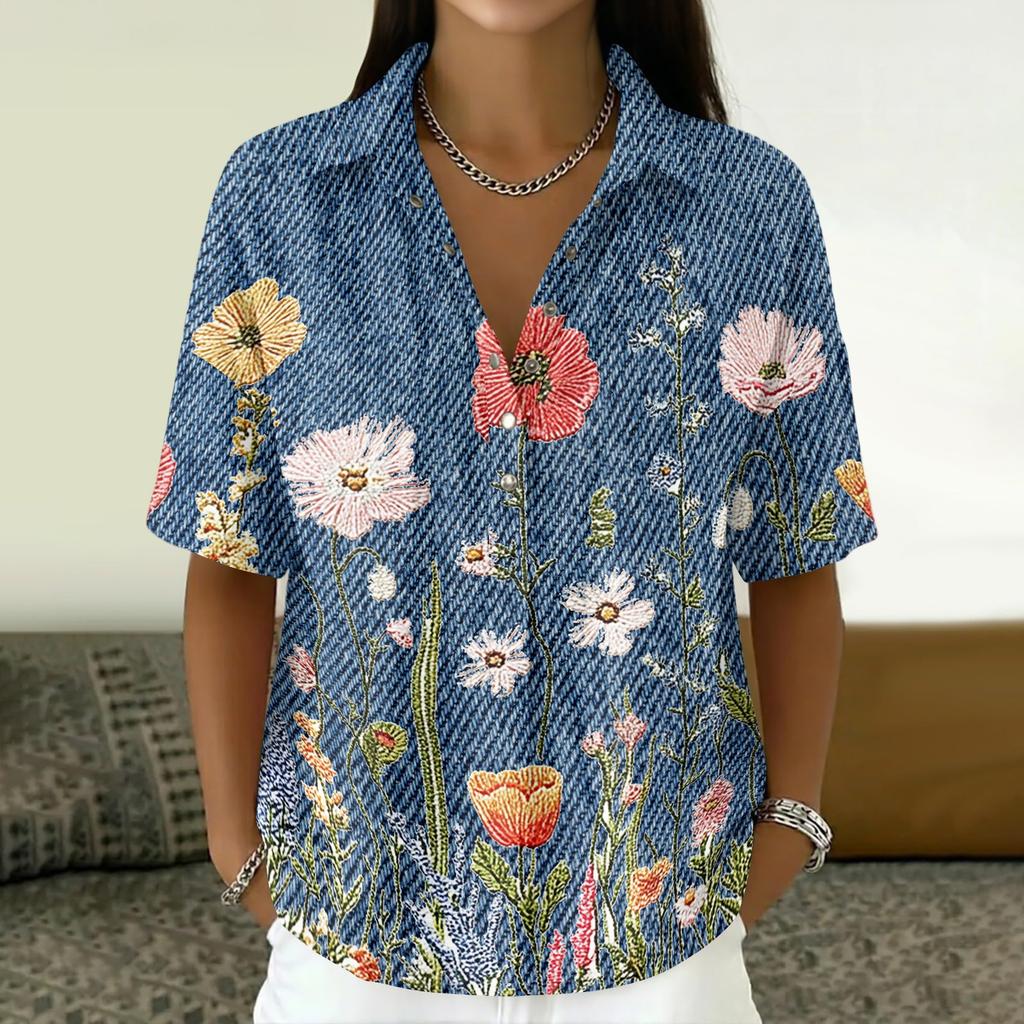 Women's Vintage Floral Print Short Sleeve T Shirt Loose Fit Button Down Polo Collar Linen Blend Casual Top