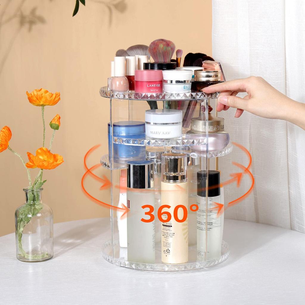 Large Capacity Acrylic Makeup Box with Rotating and Diamond Pattern Clear Diamond Pattern Gift for Women Dividers, 360° Design,