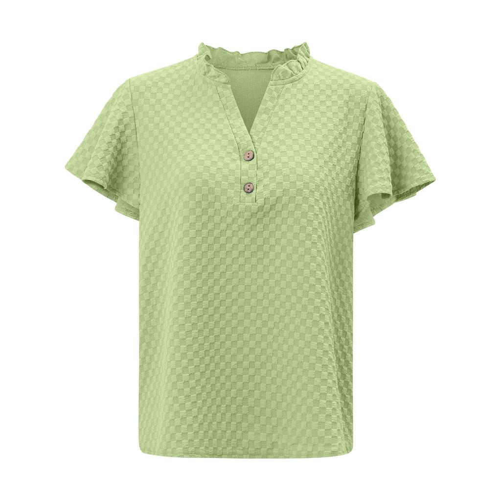 Spring Summer Fresh Casual Women'S Pullover Plaid V-Neck Button Lace Collar Decoration Slim Straight Tube Short Sleeved Top T-Shirt Blouse