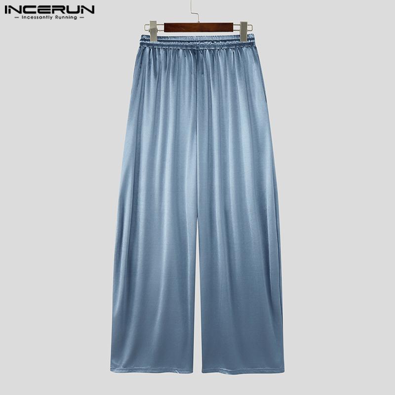 INCERUN Men's Elastic Waist Smooth Shiny Long Wide Legs Pants Trousers and White Semi-Sheer