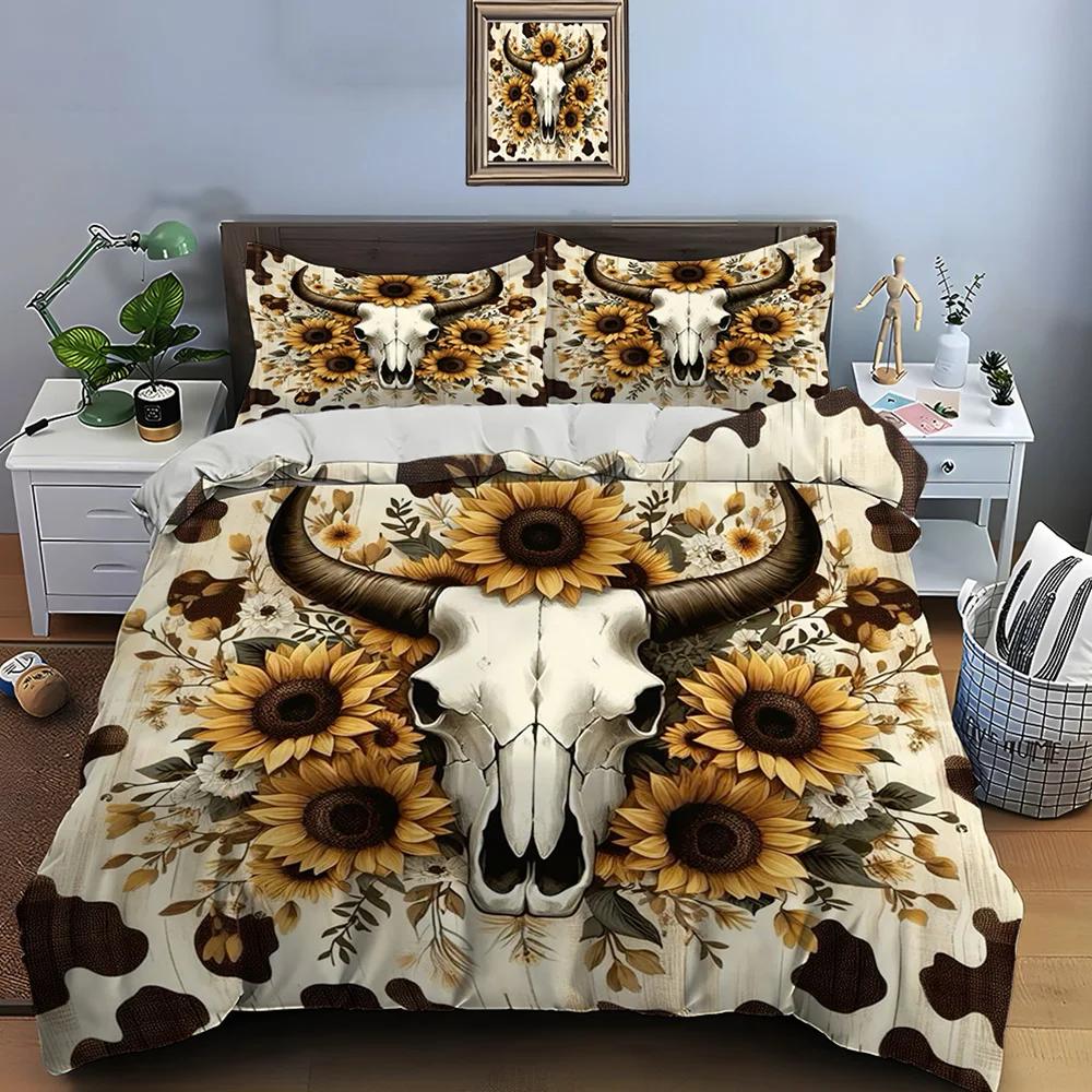 Native American Cattle Skull Art Print Bedding Set Duvet Cover 1 Duvet Cover 2 Pillowcases Adult and Kids Bedding Set Luxury