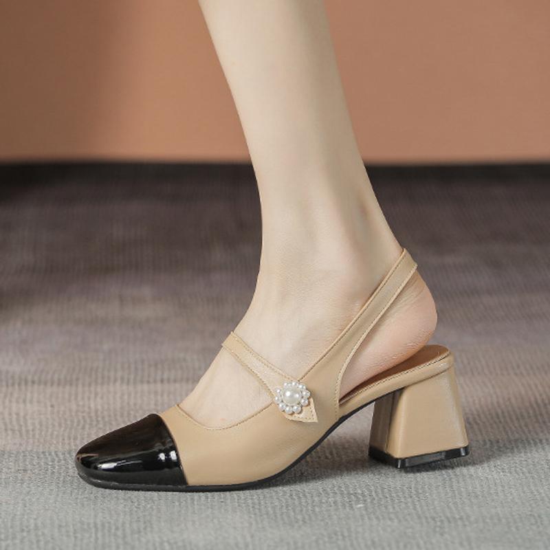 Fashion 2025 Classic Mixed Color Sandals Women Slingback Mary Janes Pearl Belt Med-High Heels Shoes Ladies Office Dress Tacone Sandalias