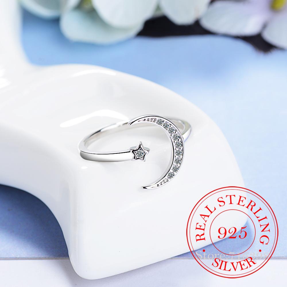 100% 925 Solid Real Sterling Silver Fine Jewelry Moon Star CZ Cocktail Opening Ring Sizable For Women Girl Gift