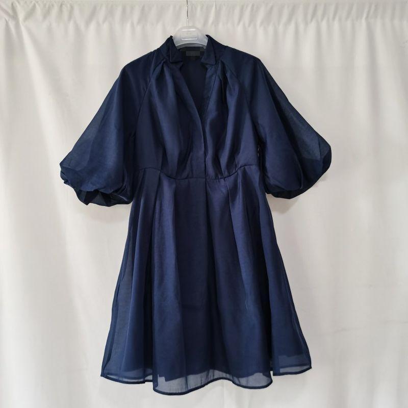 

Brand Tail Goods V-neck Lantern Sleeve Waist-Slimming Belt Lantern Sleeve French Dress Organza Classic Style Small Man Ink blue without belt XS