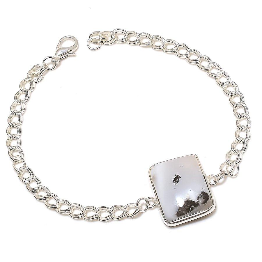 Dendrite Opal Gemstone Handmade 925 Sterling Silver Bracelet 7-8" GK-3205