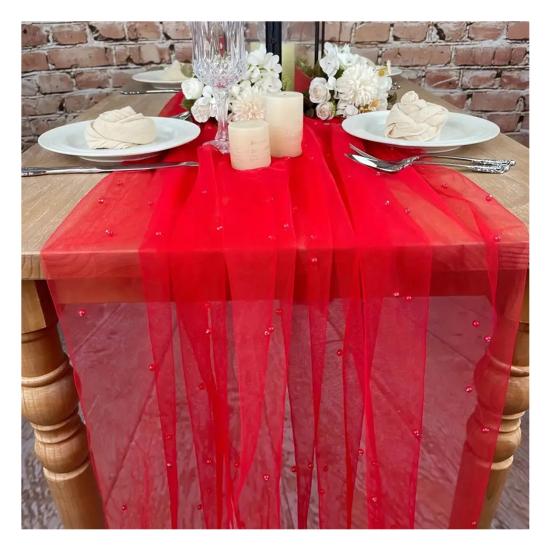 Yousheng 9.8FT Gauze Table Runner Chiffon Cheesecloth Table Runner with Faux Pearls Dining Table Decor Cloth for Home Birthday Holiday Party