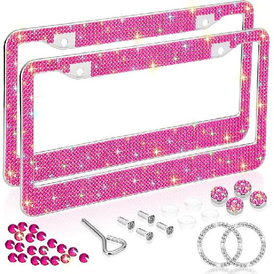 Bling License Plate Frames for Women 2 Pack, Rhinestone Crystal License Plate Cover with Bolts Washer Caps Univerasl Bling Car Accessories for Girls