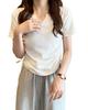 Designed V-neck Drawstring Slim Fit Pure Lust Style Short-sleeved T-shirt Women's 2024 Summer New Solid Color Student Top Trend