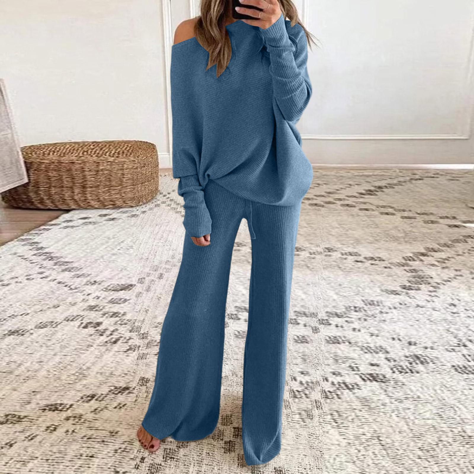 

Women s Fashion Solid Color Long Sleeved Sweatshirt Top Casual Sweatpants Two-piece Set XL синій
