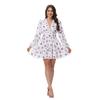 Summer V-Neck Lace Long Sleeve Dress Floral Printed Slim Fits Sexy Dress Sweet High Waist A-line Mini Dress