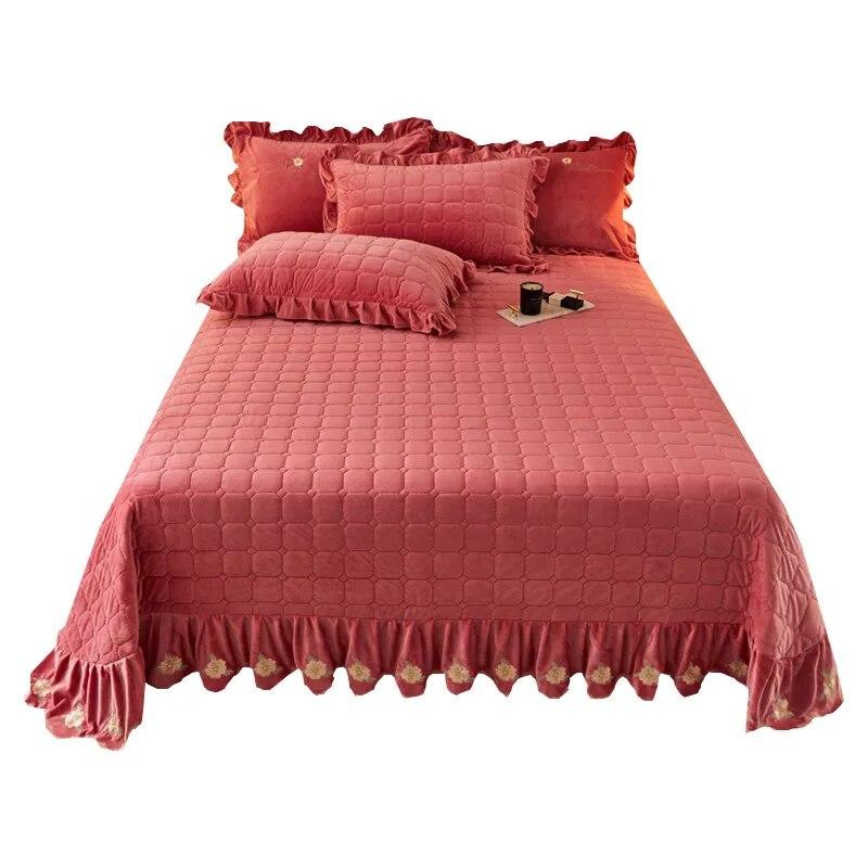 Thick Velvet Bedspread and Pillowcase Queen King Double Coverlet Quilted Soft Bed Sheet Embroidery Ruffle Skirt