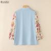 ZANZEA Women Casual V-Neck Floral Print Splice Long Sleeve Blouse