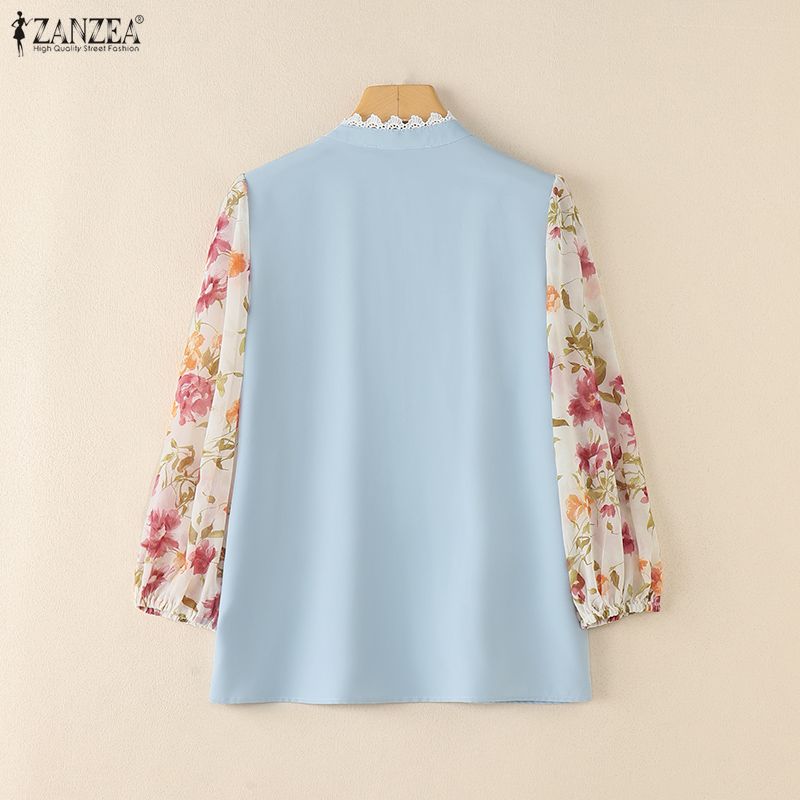 ZANZEA Women Casual V-Neck Floral Print Splice Long Sleeve Blouse