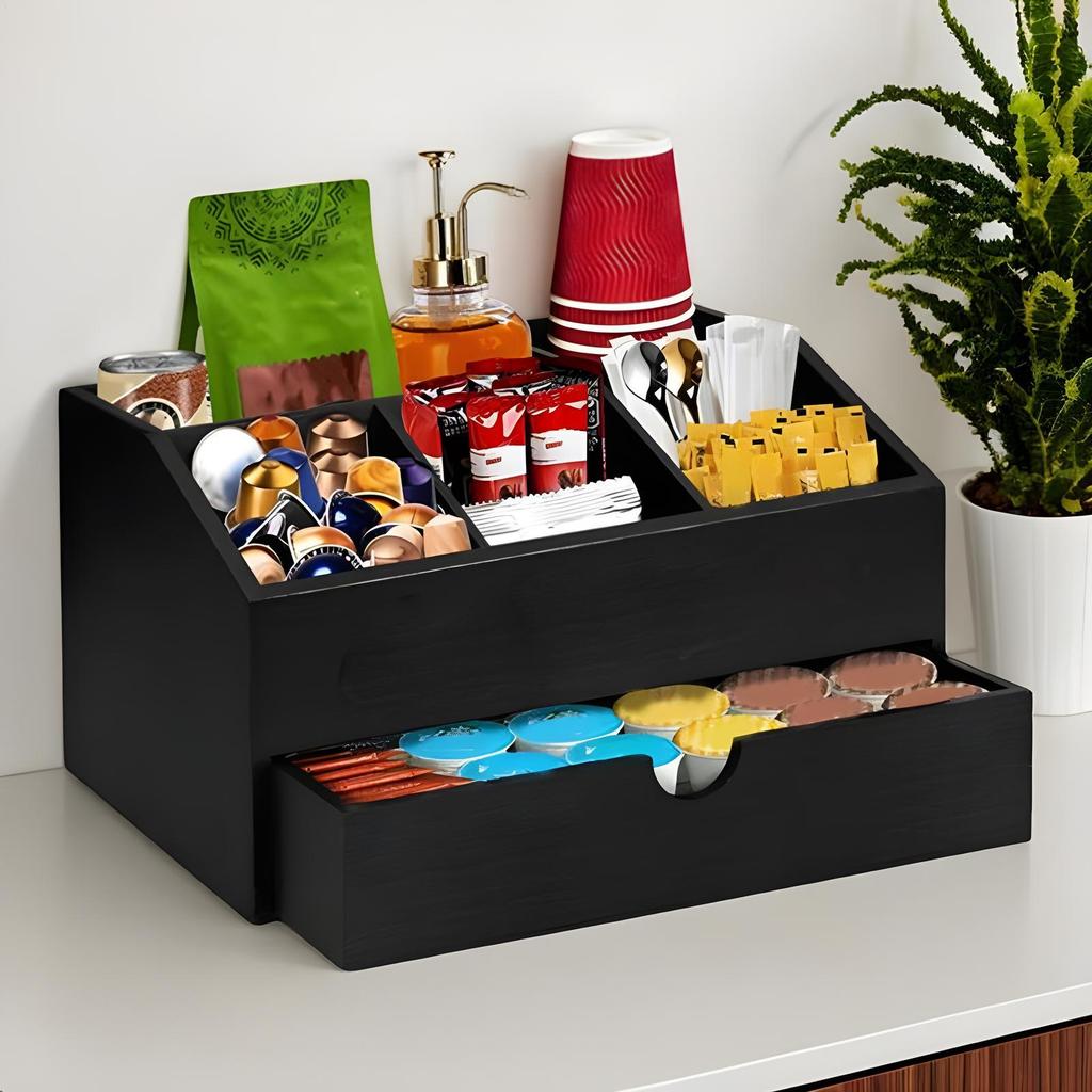 Coffee Counter Organizer Wooden Sugar Basket Multipurpose Desk Coffee Counter Organizer With Drawer For Dorm Studio Breakroom